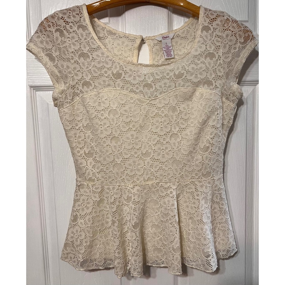 Candies Womens Cream Floral Lace Peplum Top Cap Sleeve Round Neck L (RUNS SMALL)